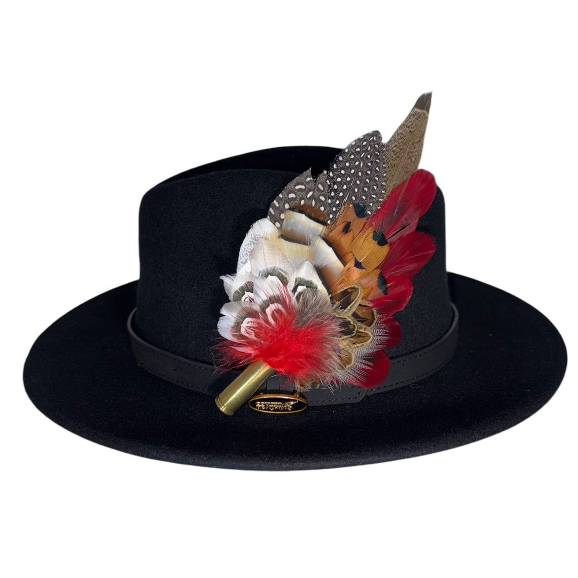 Deep Red, Black, White and Natural Feather Hat Pin (CFP845)