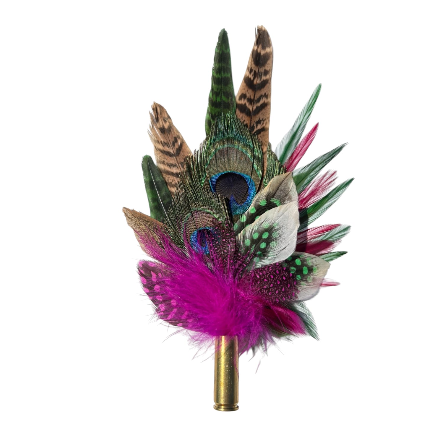Cerise Pink, Green and Natural Feather Hat Pin CFP855
