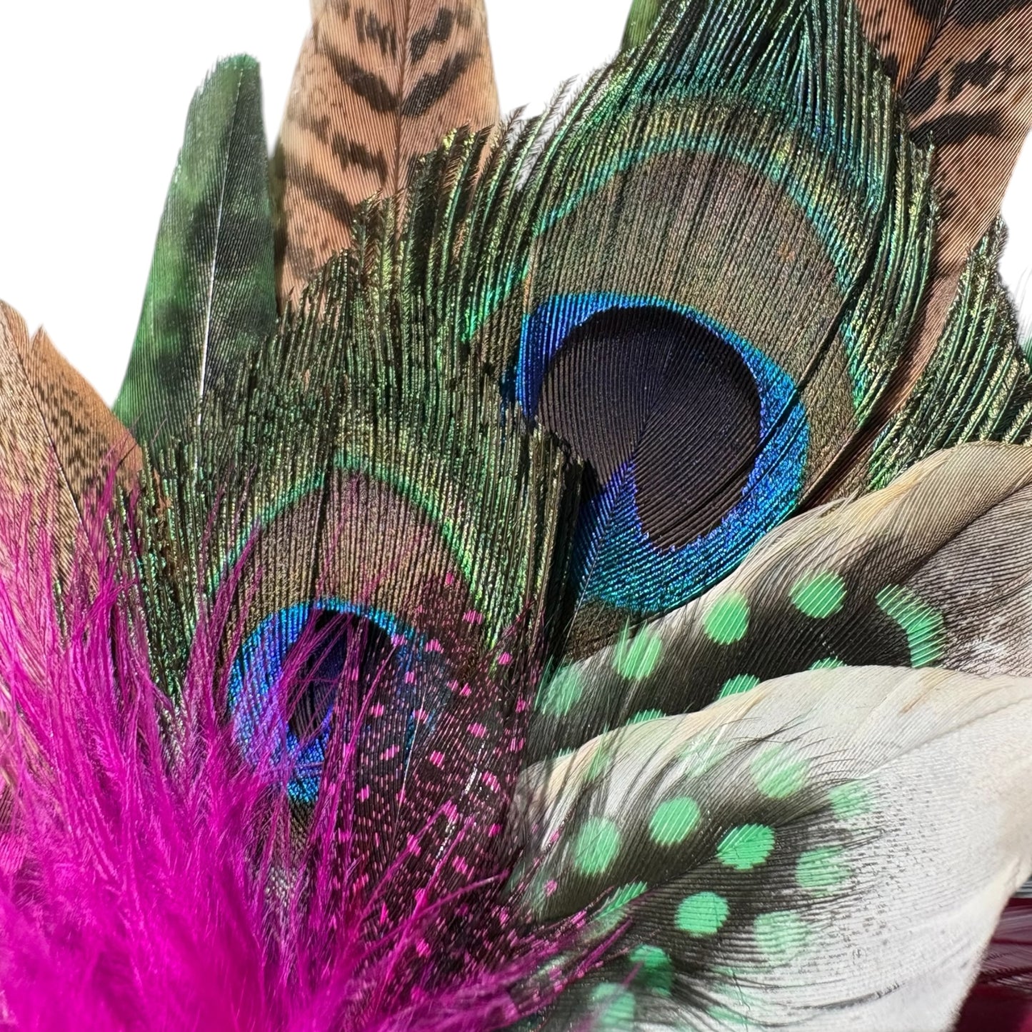 Cerise Pink, Green and Natural Feather Hat Pin CFP855