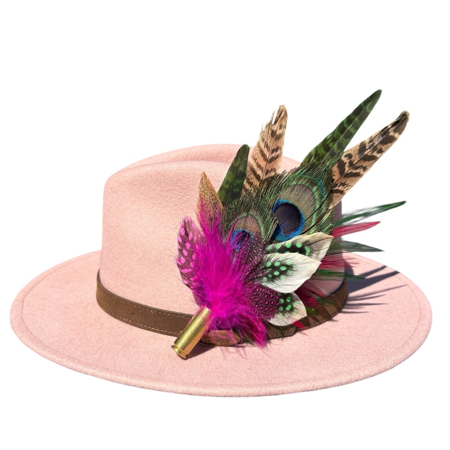 Cerise Pink, Green and Natural Feather Hat Pin CFP855