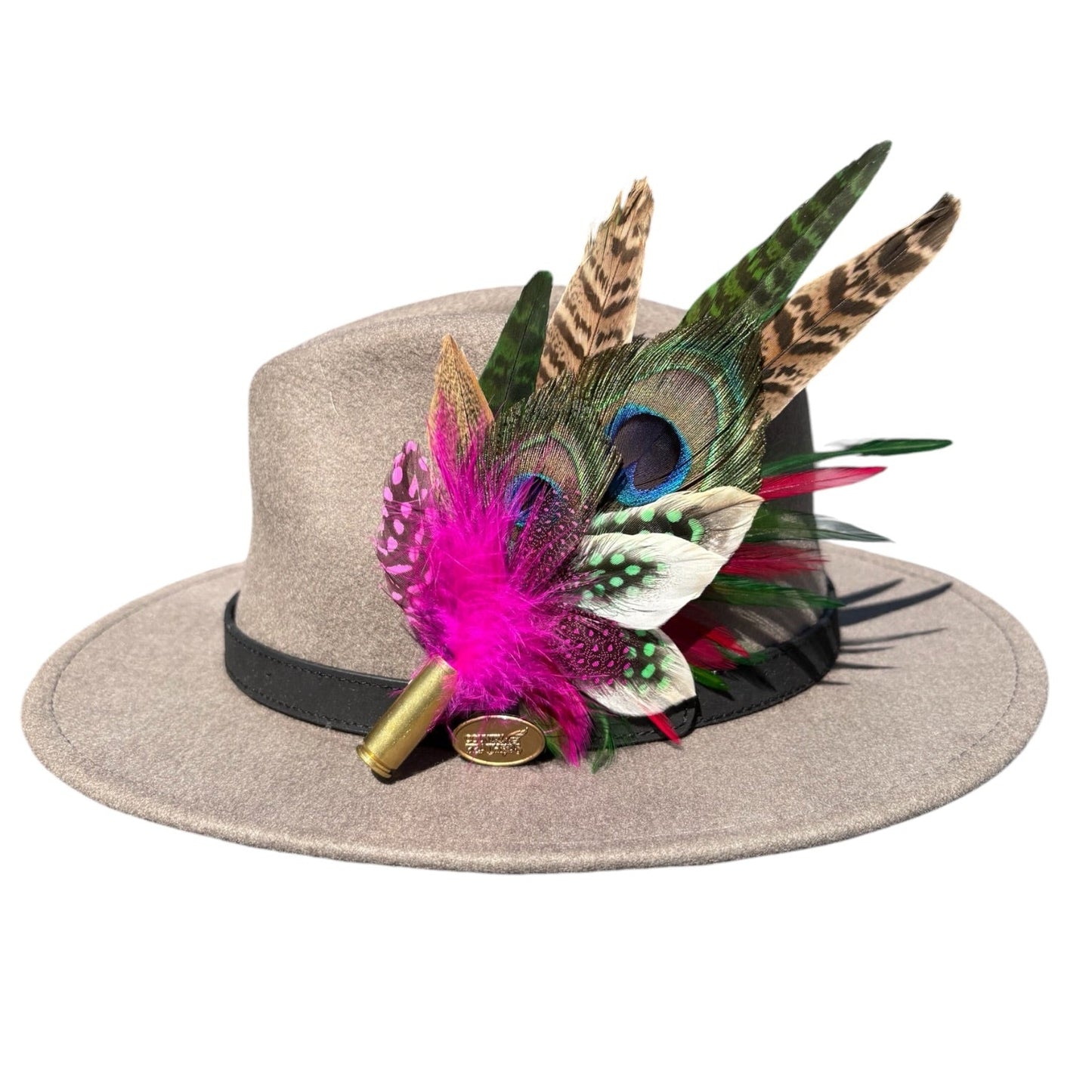 Cerise Pink, Green and Natural Feather Hat Pin CFP855