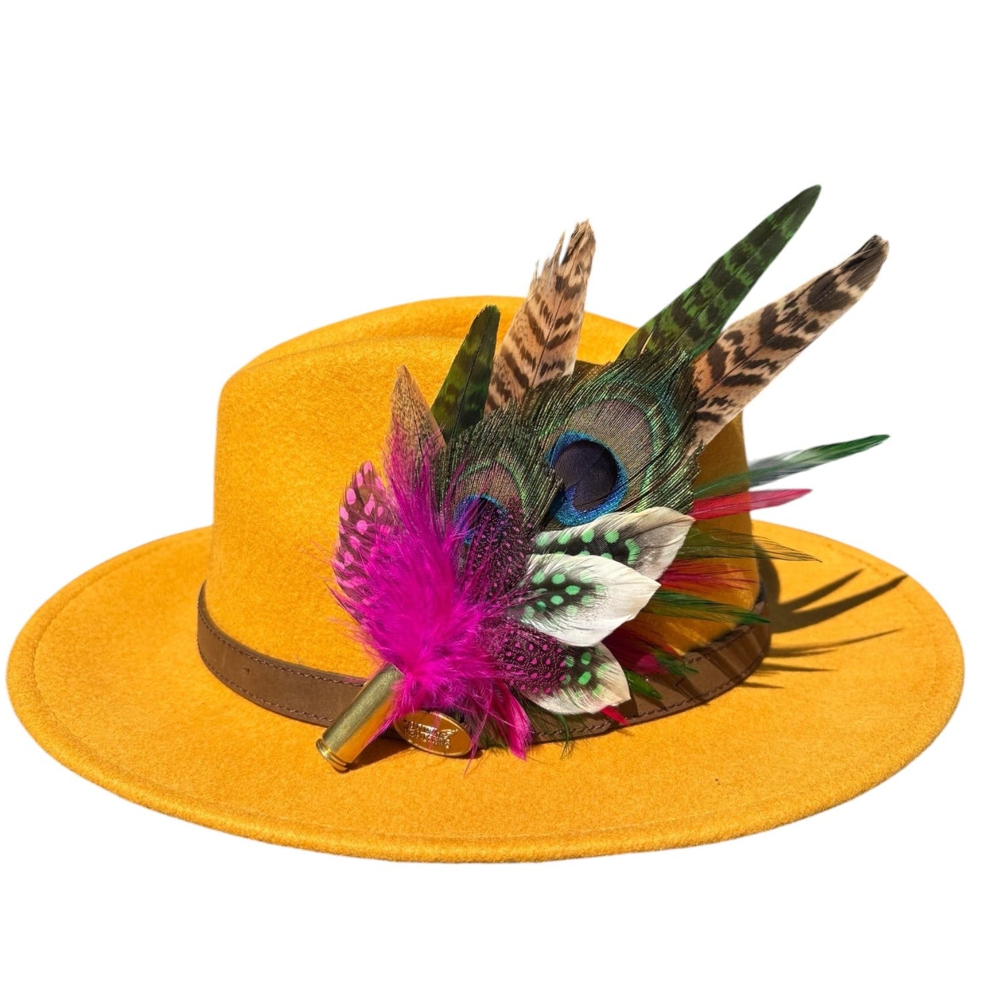 Cerise Pink, Green and Natural Feather Hat Pin CFP855