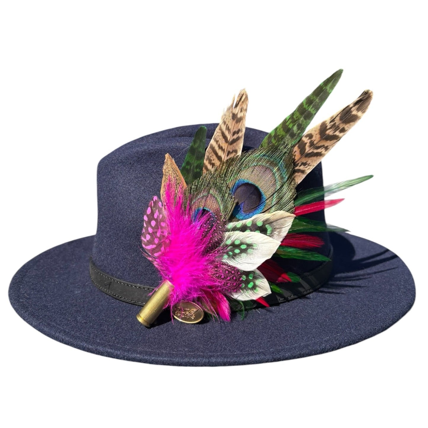 Cerise Pink, Green and Natural Feather Hat Pin CFP855