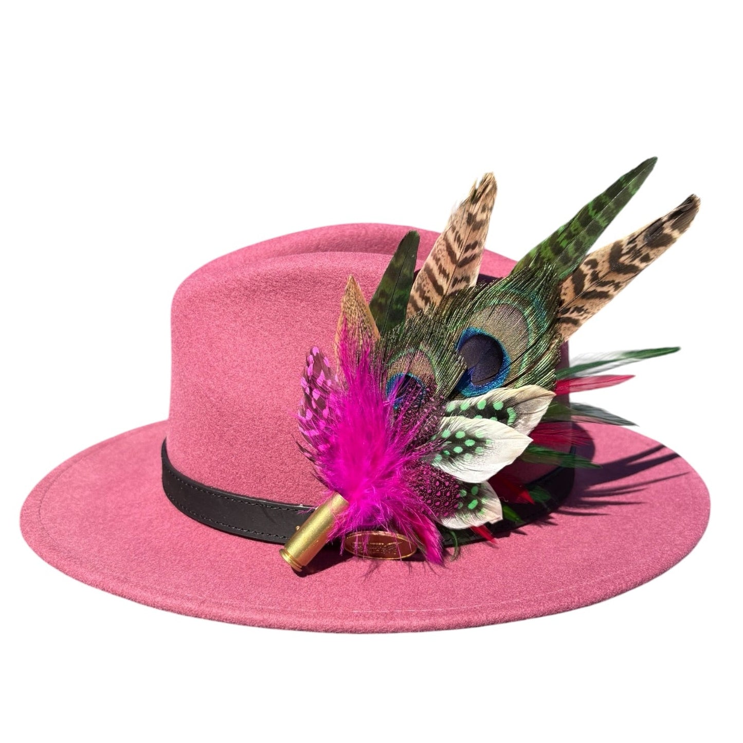 Cerise Pink, Green and Natural Feather Hat Pin CFP855