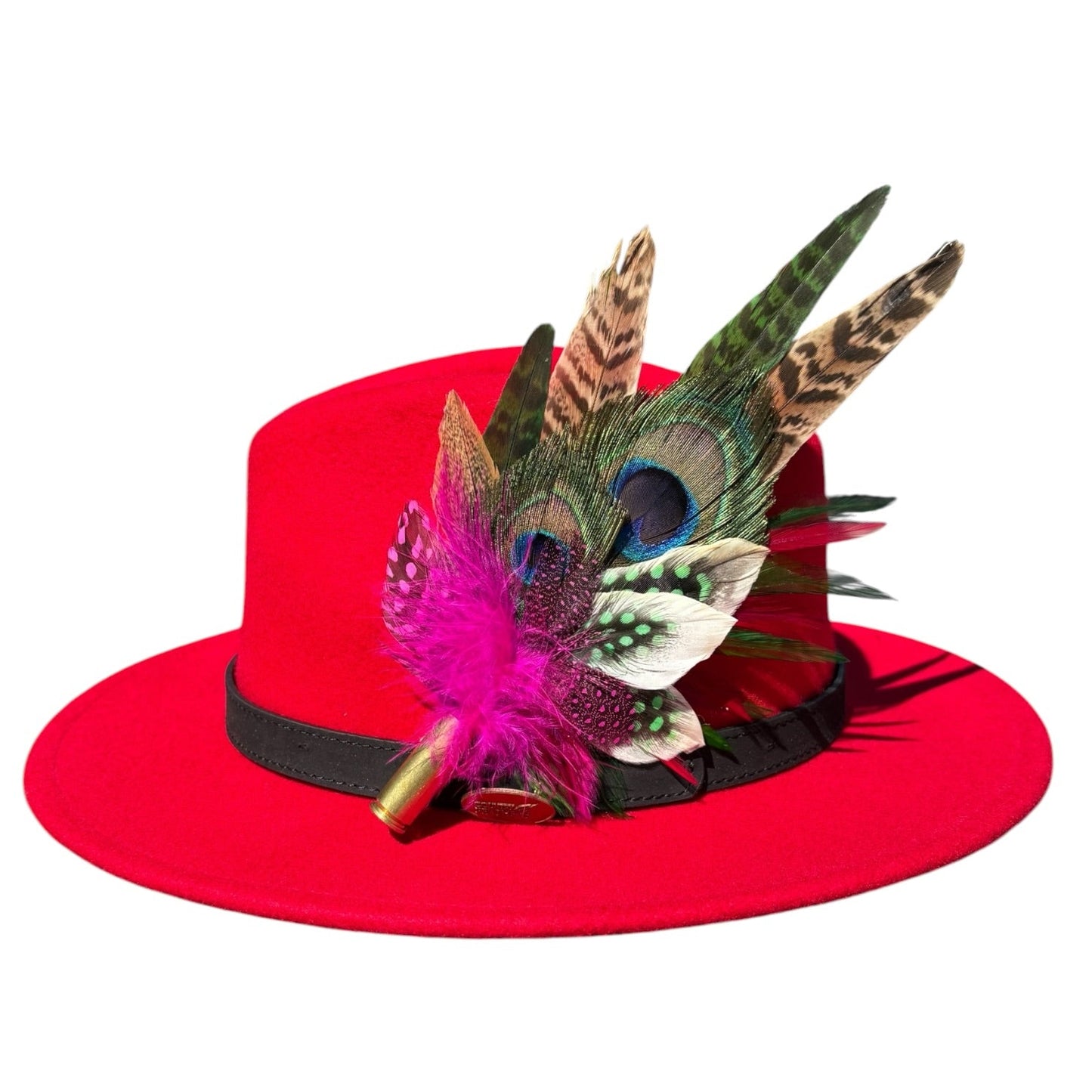 Cerise Pink, Green and Natural Feather Hat Pin CFP855