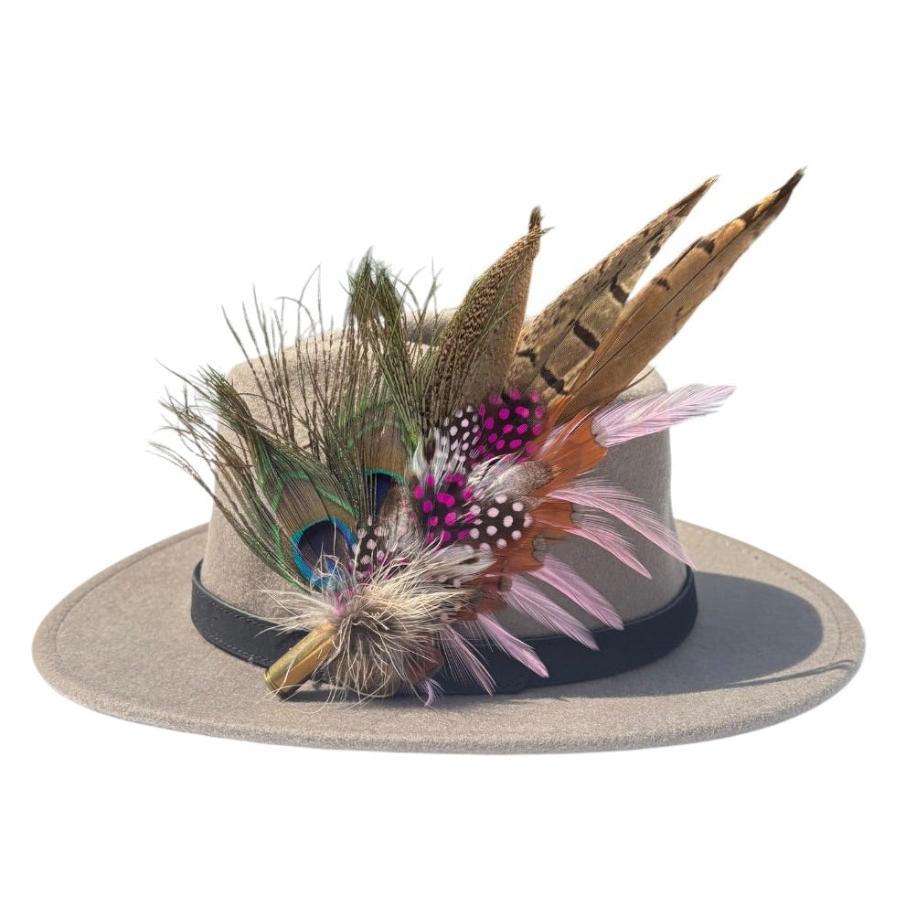 Peacock, Cerise Pink and Light Pink Feather Hat Pin CFP862
