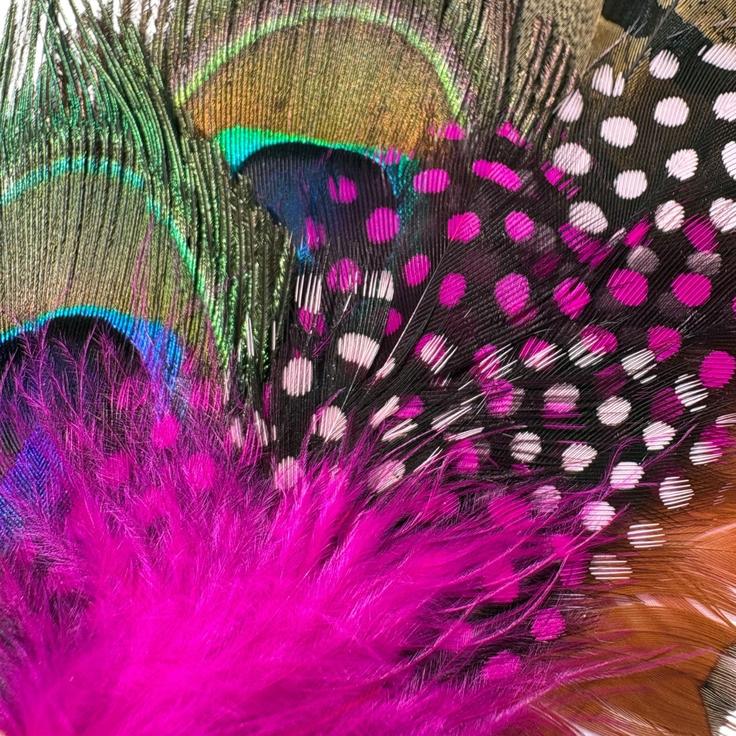 Peacock, Cerise Pink and Light Pink Feather Hat Pin CFP864