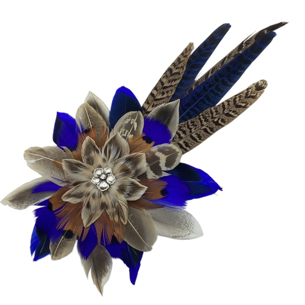 Royal Blue & Natural Feather Hat Pin (CFP823)