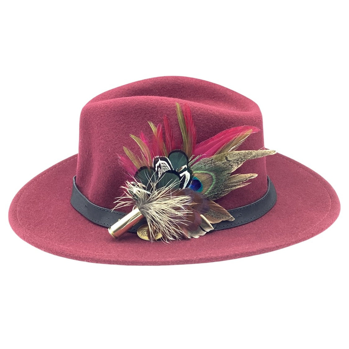 Wine, Green and Natural Feather Hat Pin (CFP829)