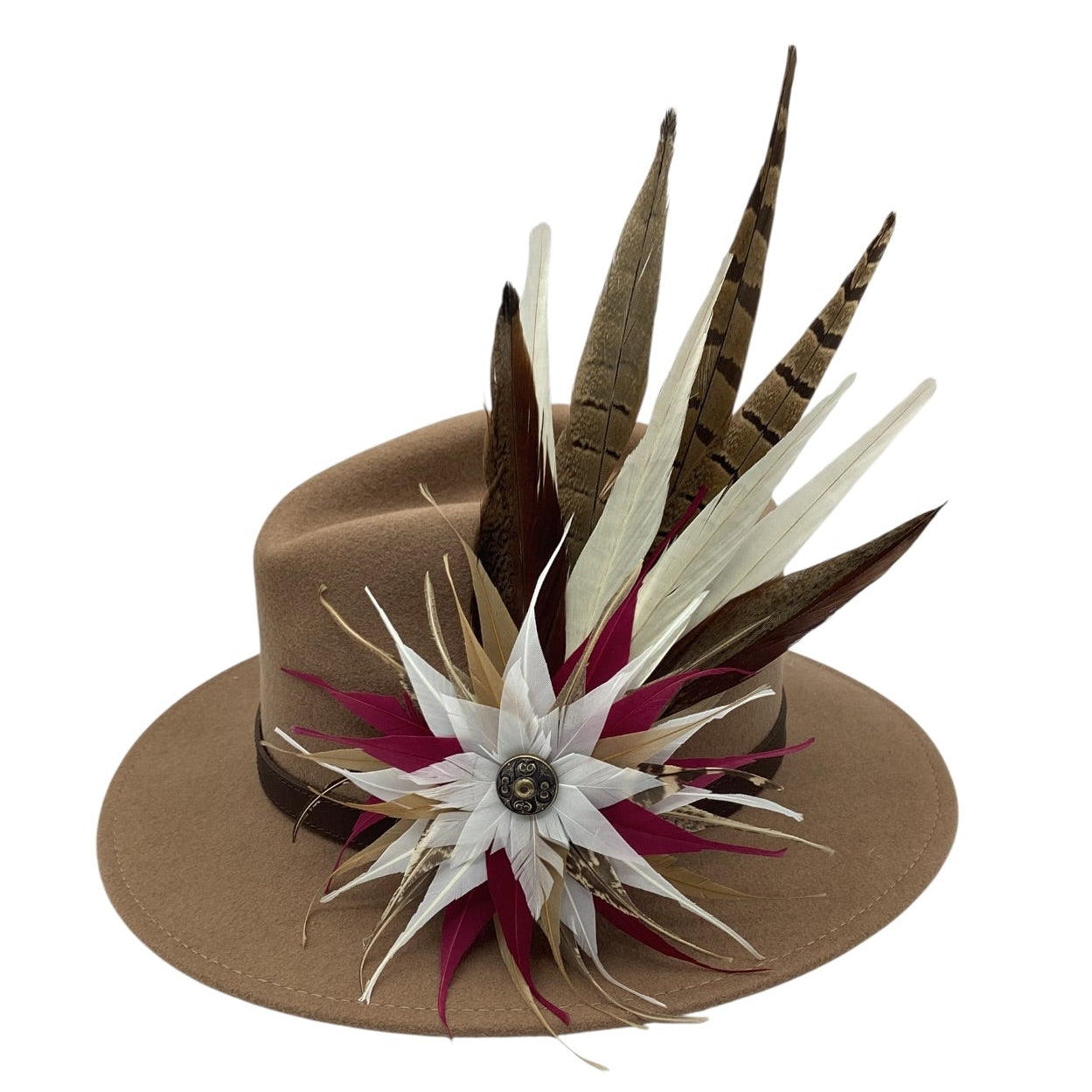 Magenta, Gold, White and Natural Feather Hat Pin (CFP838)