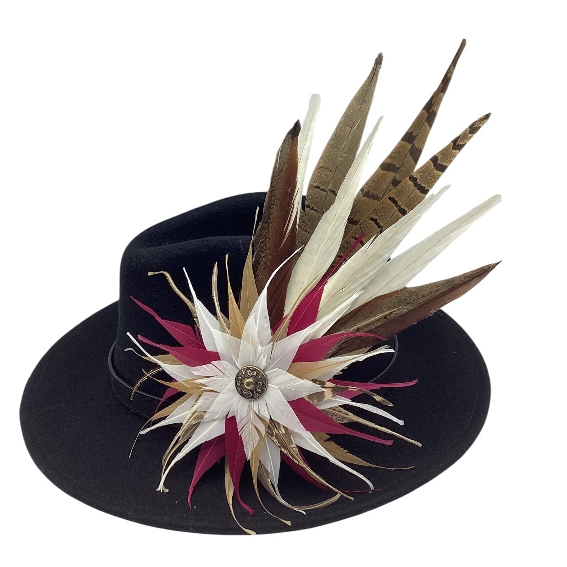 Magenta, Gold, White and Natural Feather Hat Pin (CFP838)