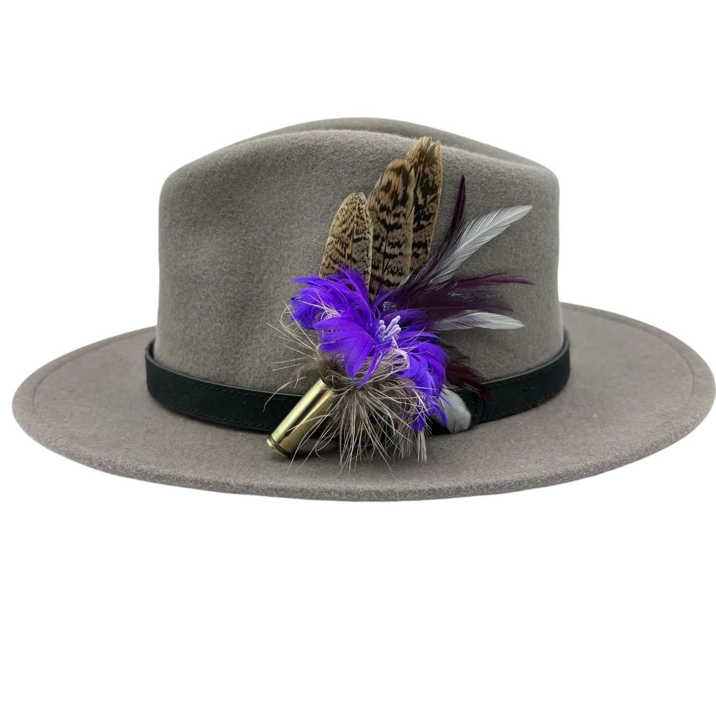 EX DISPLAY REDUCED PRICE. Purple, white and natural Feather Hat Pin (CFP644)
