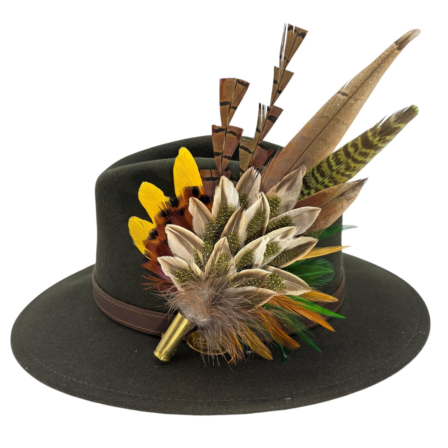Olive green, gold, yellow & natural Feather Hat Pin (CFP806)