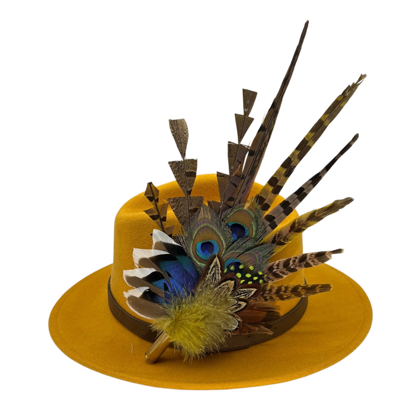 Gold, brown, blue & natural Feather Hat Pin (CFP807)
