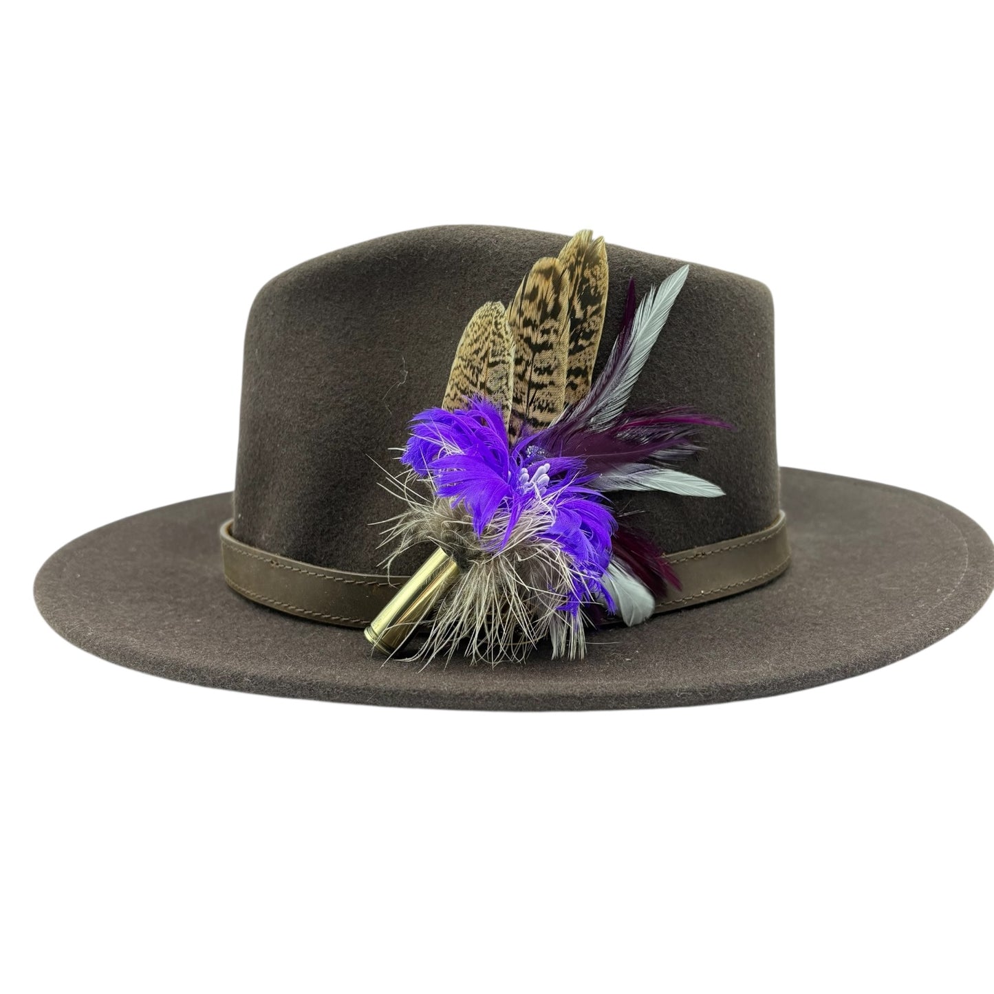 EX DISPLAY REDUCED PRICE. Purple, white and natural Feather Hat Pin (CFP644)