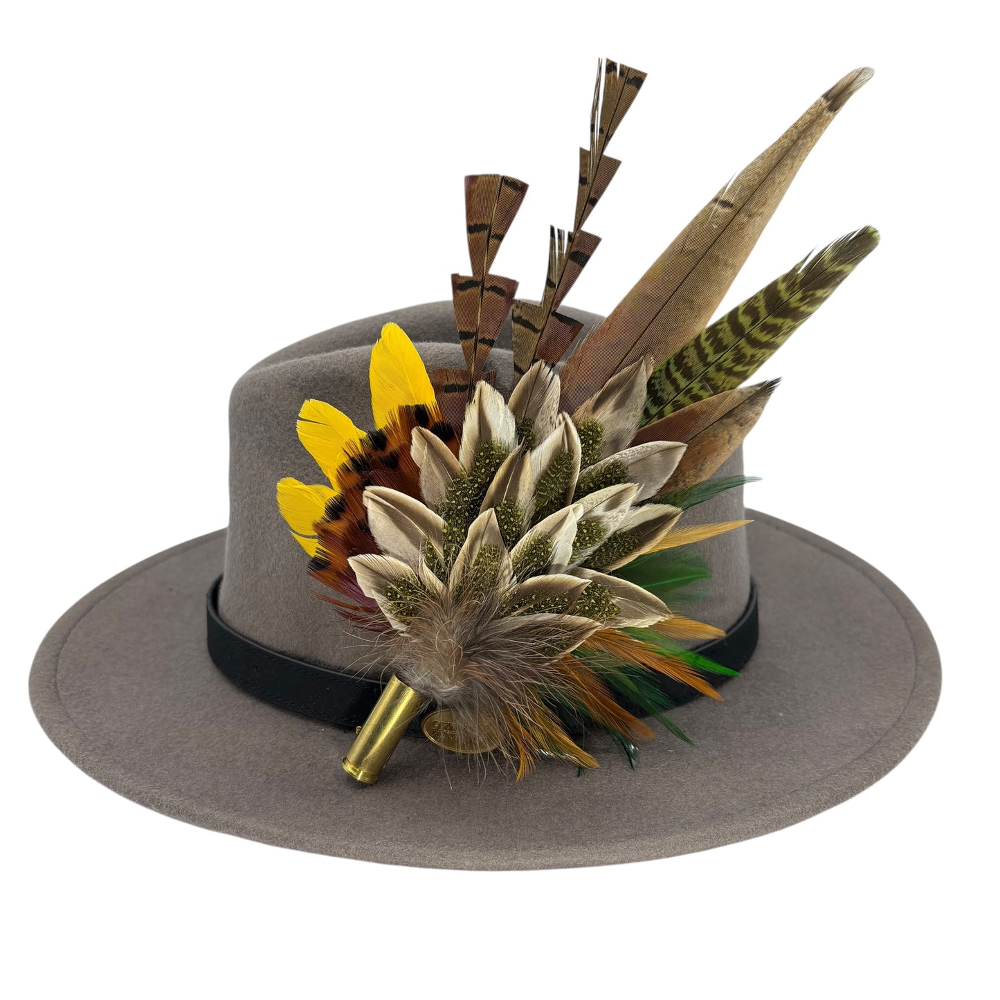 Olive green, gold, yellow & natural Feather Hat Pin (CFP806)