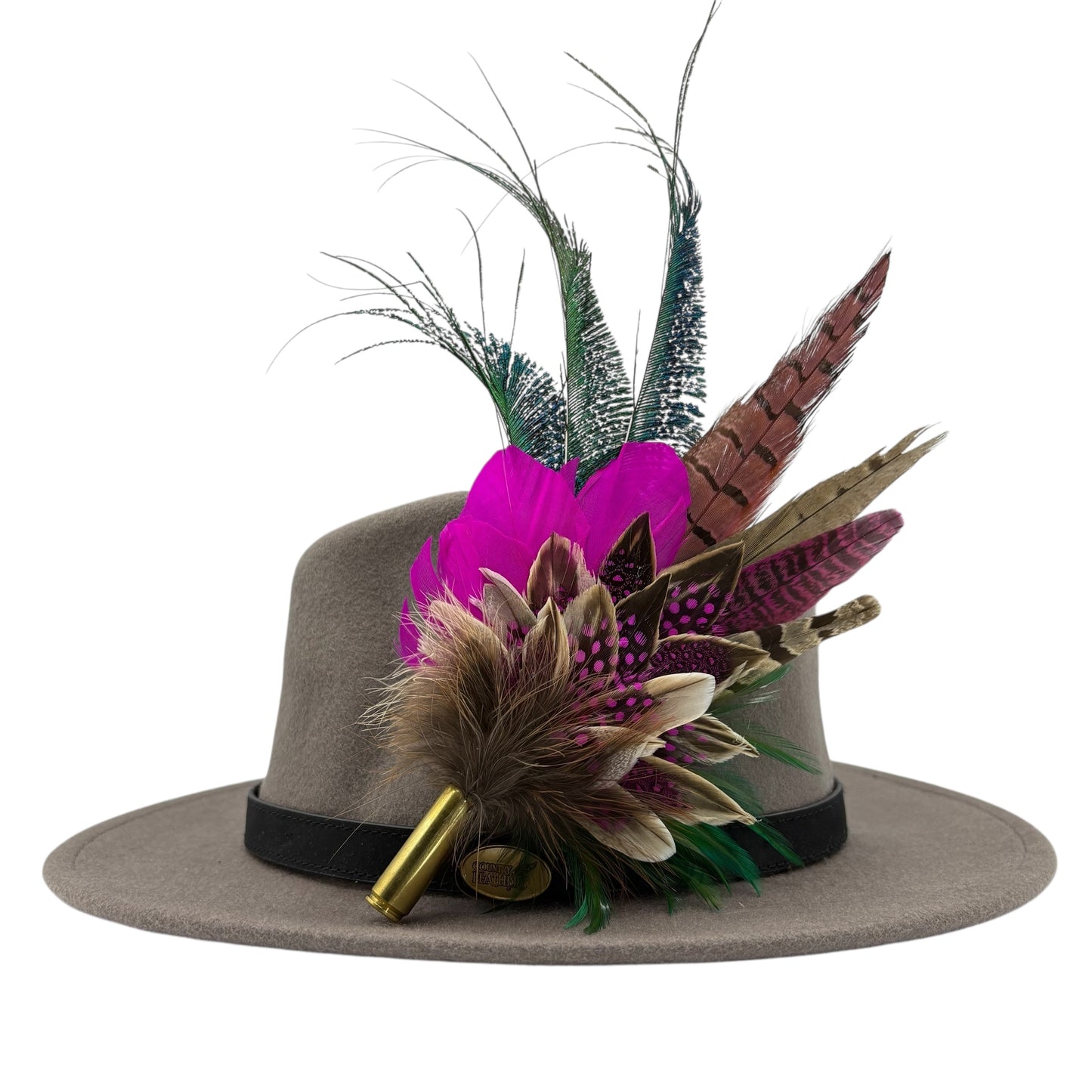 Cerise pink, teal, green & natural Feather Hat Pin (CFP798)