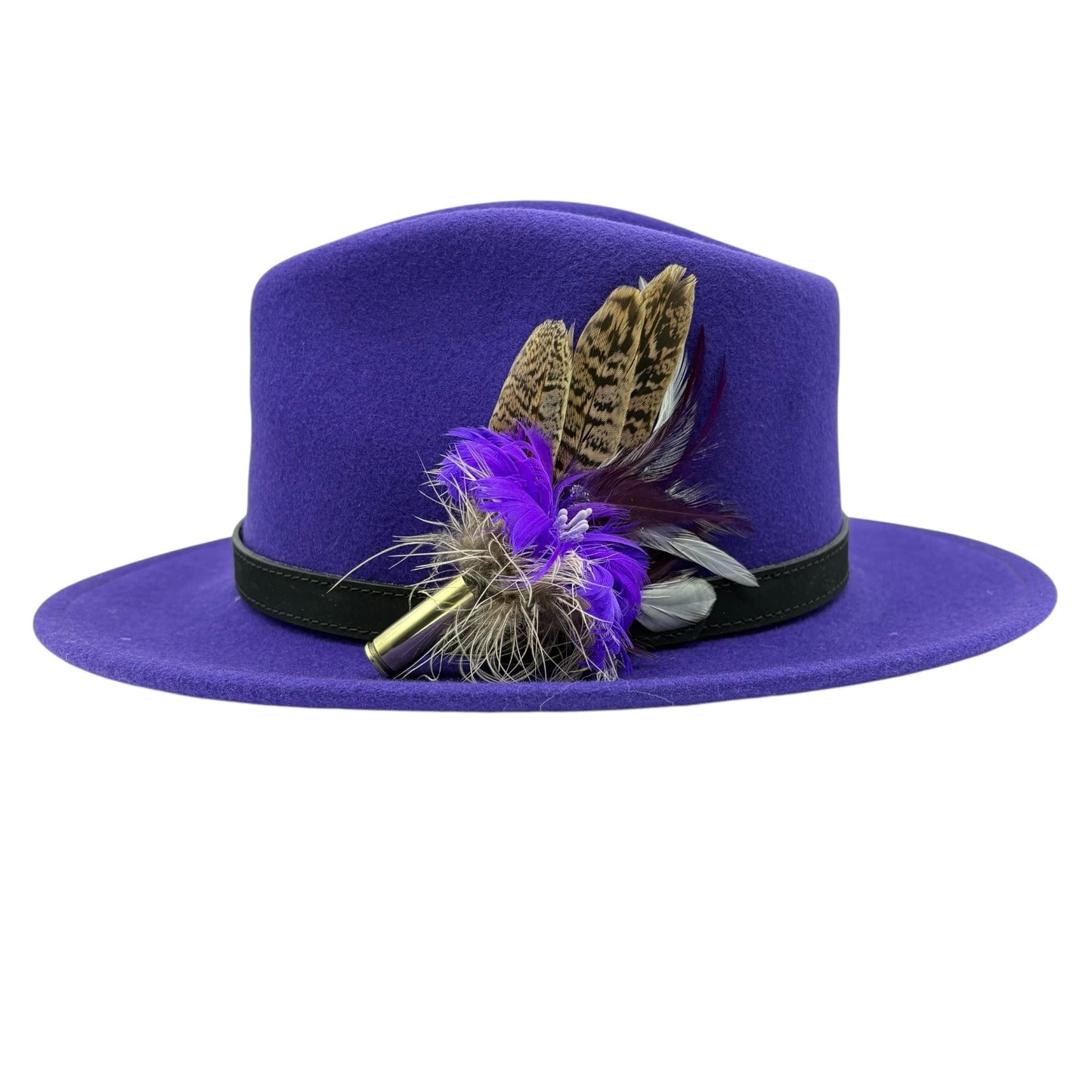 EX DISPLAY REDUCED PRICE. Purple, white and natural Feather Hat Pin (CFP644)