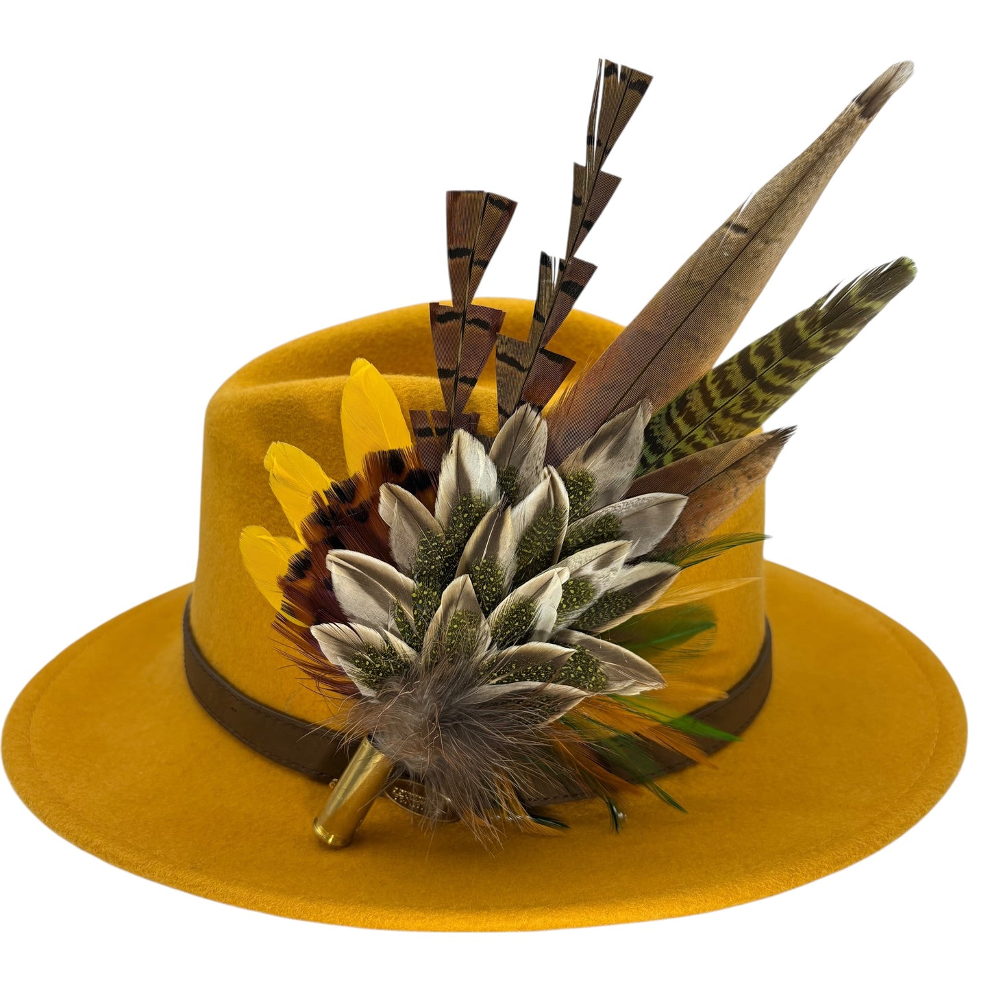 Olive green, gold, yellow & natural Feather Hat Pin (CFP806)