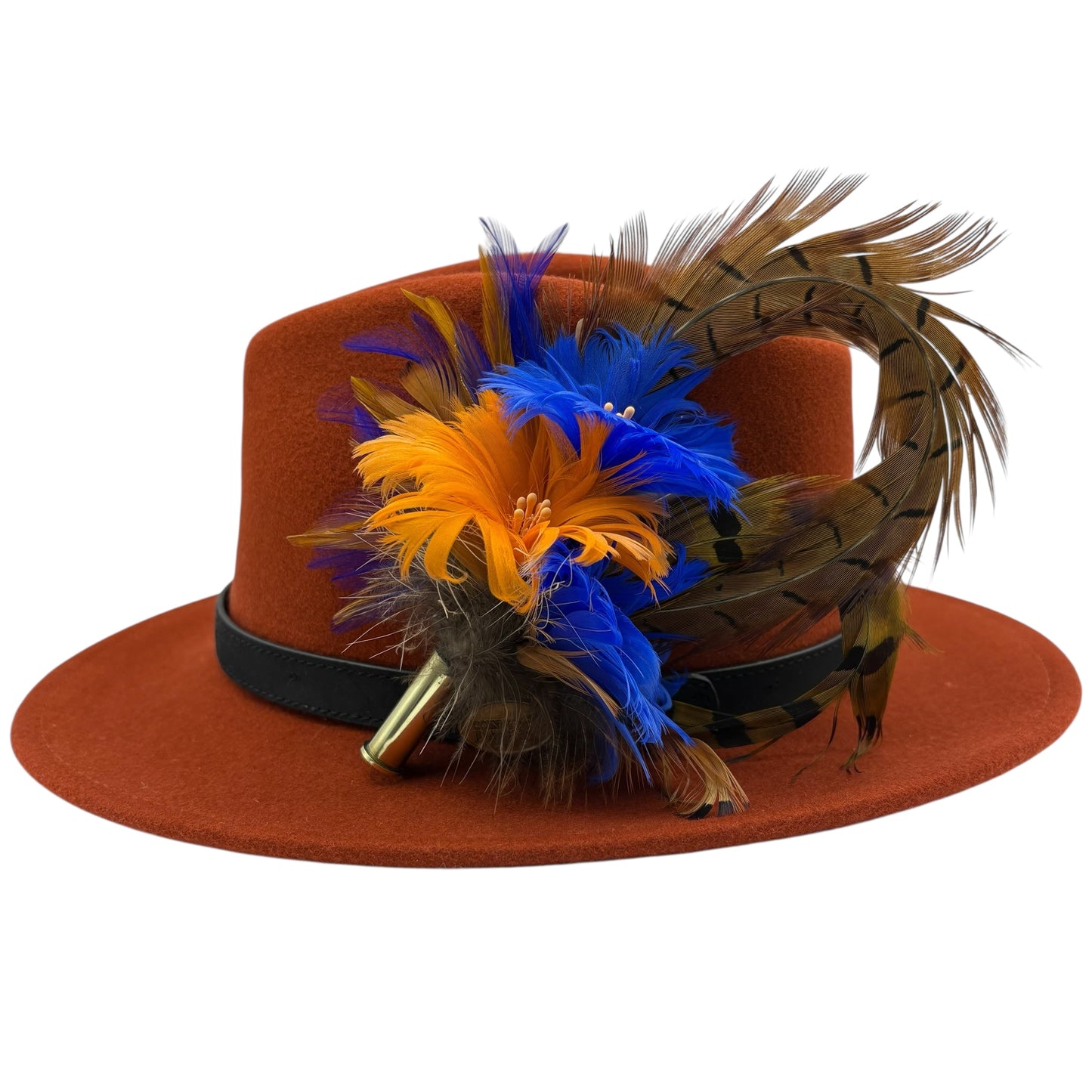 Royal blue, Orange and Natural Feather Hat Pin (CFP514)