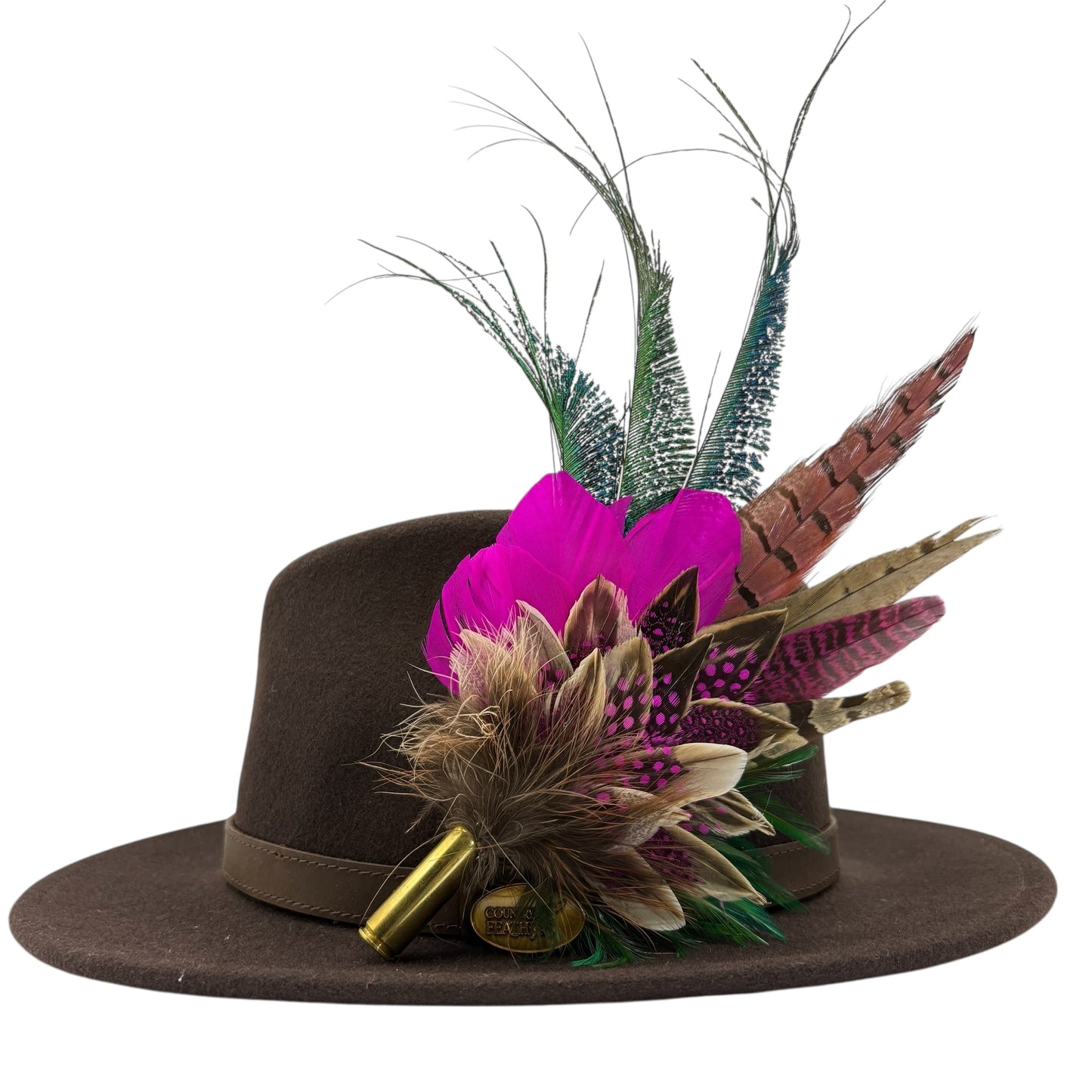 Cerise pink, teal, green & natural Feather Hat Pin (CFP798)