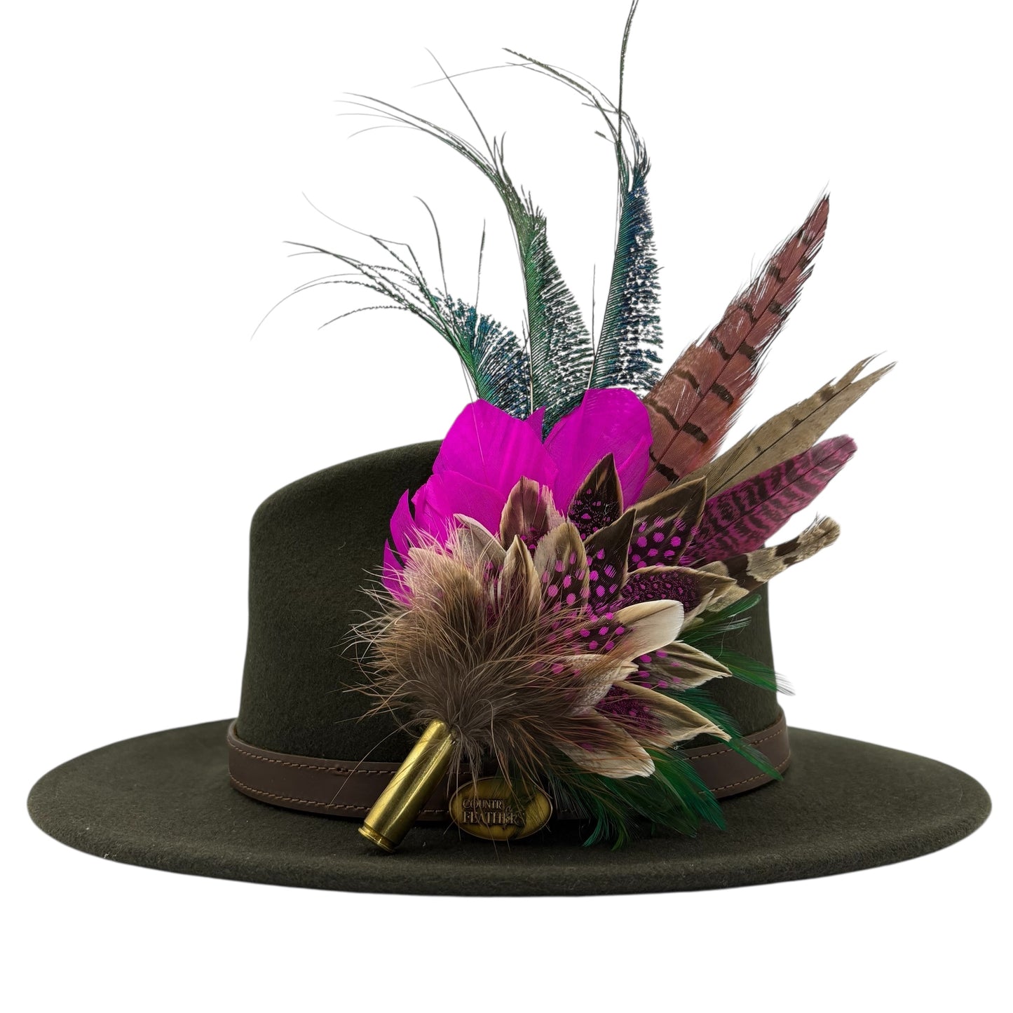 Cerise pink, teal, green & natural Feather Hat Pin (CFP798)