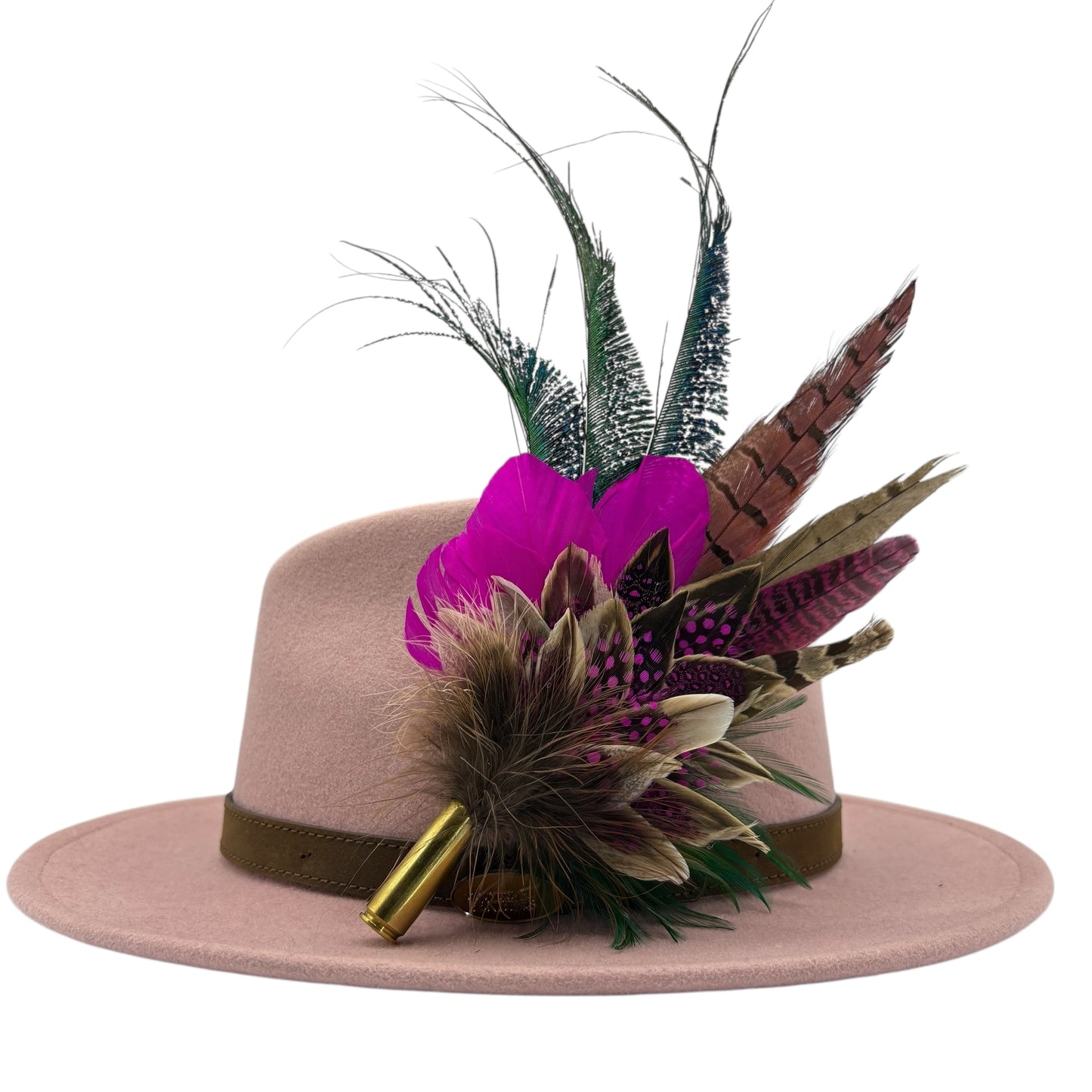 Cerise pink, teal, green & natural Feather Hat Pin (CFP798)
