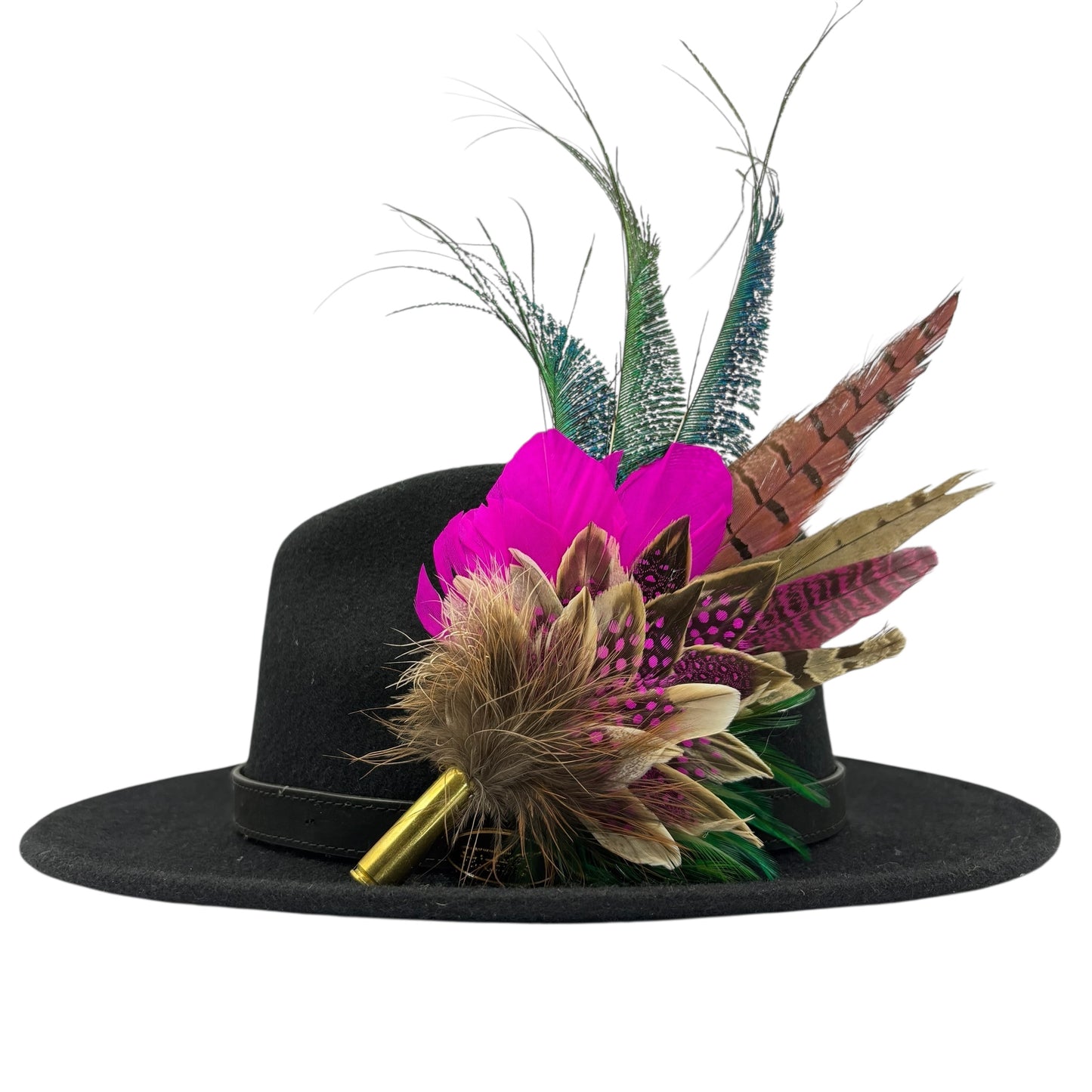 Cerise pink, teal, green & natural Feather Hat Pin (CFP798)