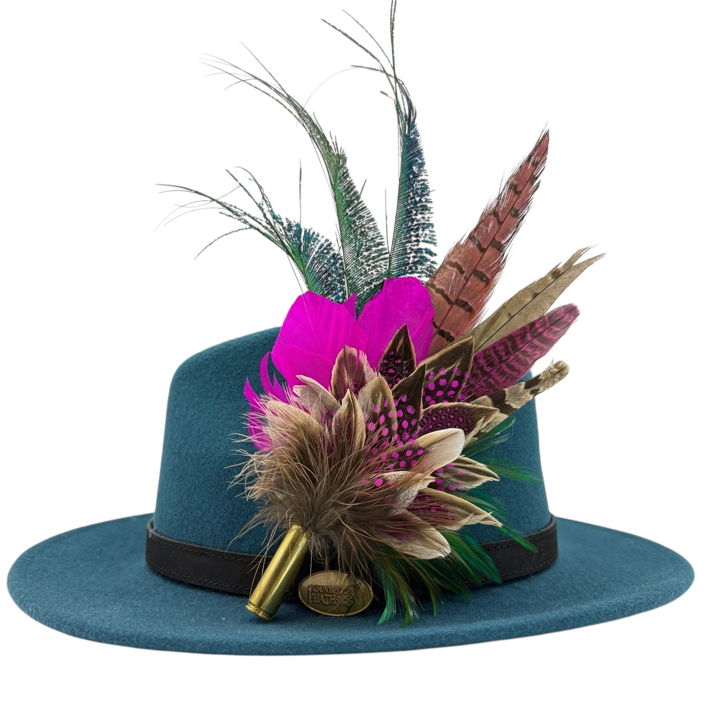 Cerise pink, teal, green & natural Feather Hat Pin (CFP798)