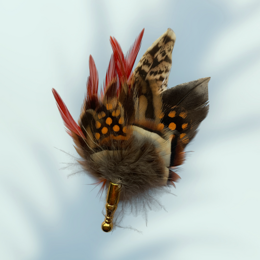 Orange & Natural Feather Lapel Pin set in a Gold Clasp (CFLP108)