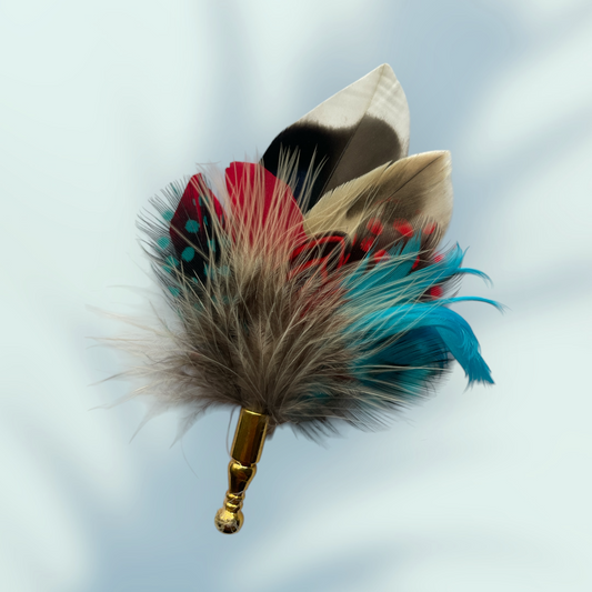 Red, Turquoise & Natural Feather Lapel Pin in a Gold Clasp (CFLP148)