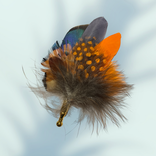 Orange & Natural Feather Lapel Pin set in a Gold Clasp (CFLP109)