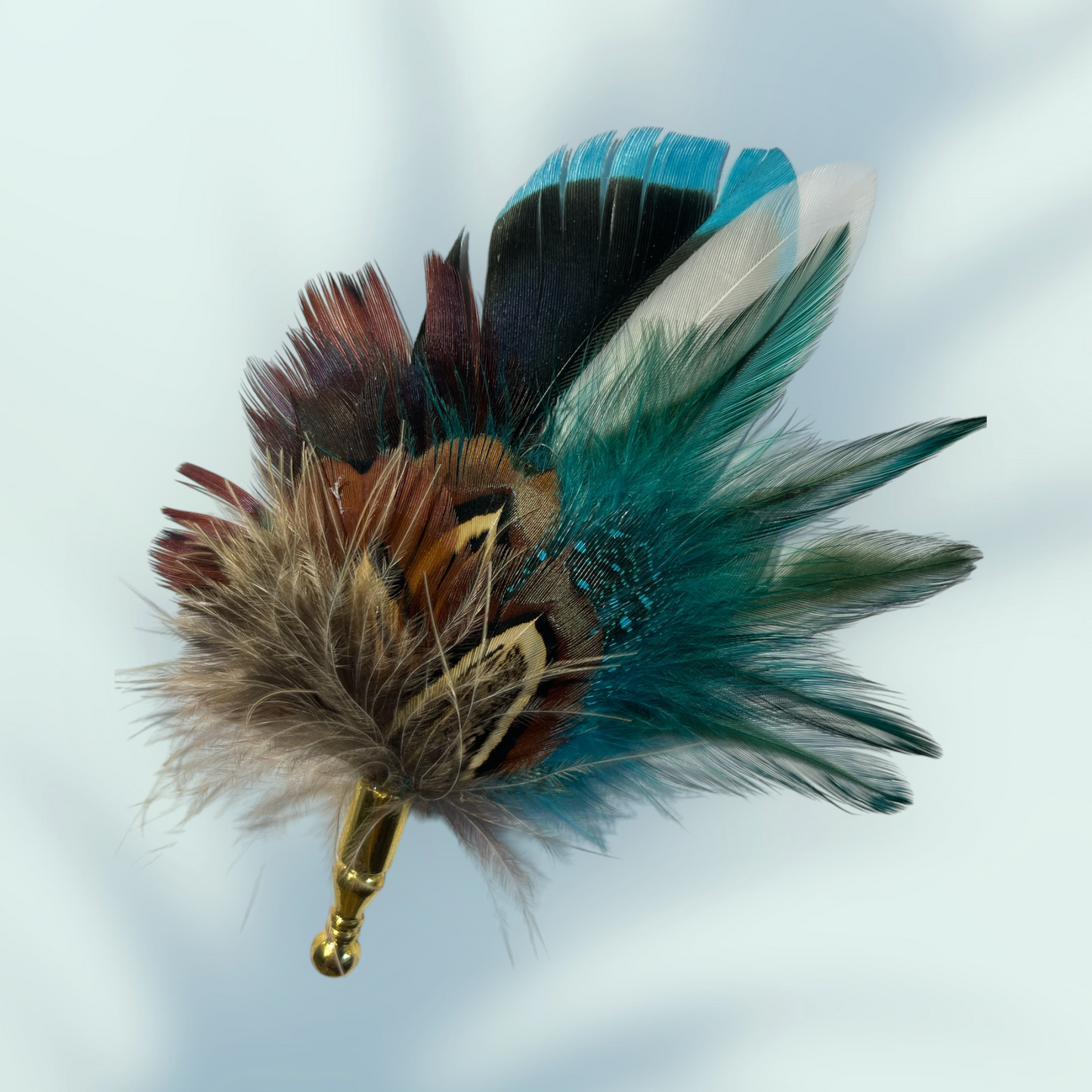 Teal & Natural Feather Lapel Pin in a Gold Clasp (CFLP164)