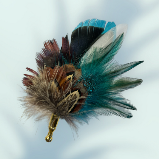 Teal & Natural Feather Lapel Pin in a Gold Clasp (CFLP164)