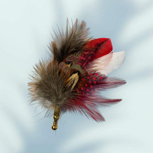 Red & Natural Feather  Lapel Pin in a Gold Clasp (CFLP167)