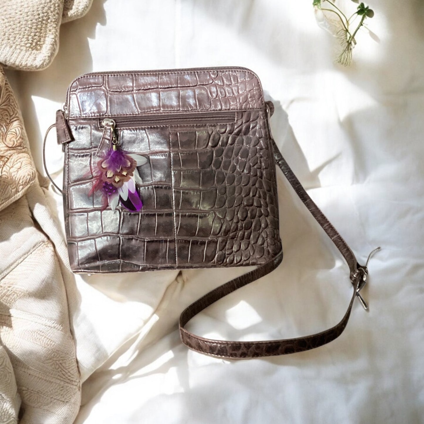 Purple, White & Natural Feather Handbag Charm (CFHC6062)
