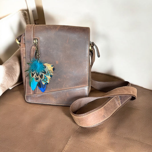 Teal, Royal Blue & Natural Feather Handbag Charm (CFHC6053)