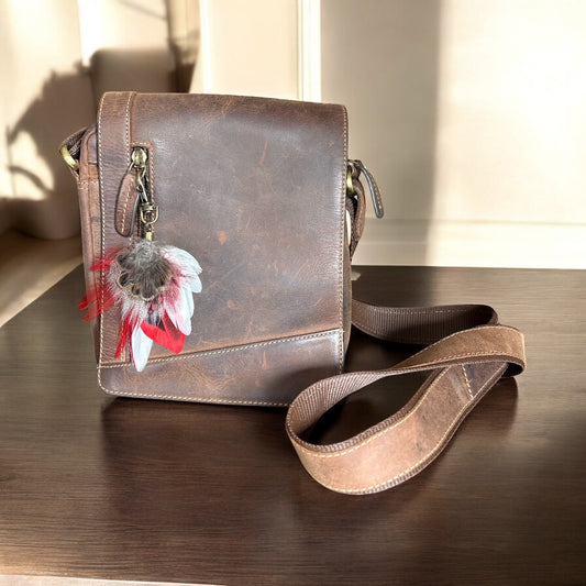 Red, White & Natural Feather Handbag Charm (CFHC6051)