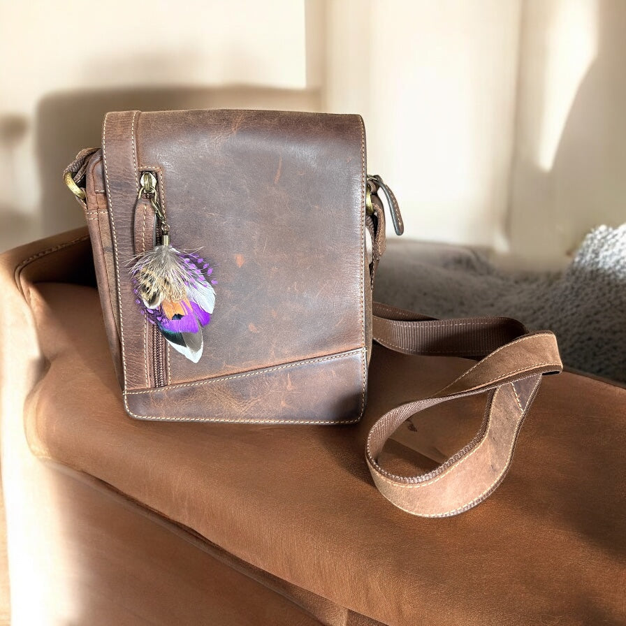 Purple & Natural Feather Handbag Charm (CFHC6032)