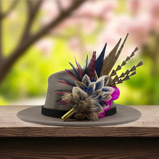 Navy, natural, cerise pink & white Feather Hat Pin (CFP793)