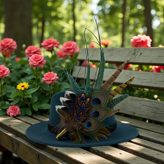 Teal, navy, green, gold & natural Feather Hat Pin (CFP794)