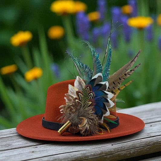 Teal, natural, brown, blue, green & gold Feather Hat Pin (CFP796)
