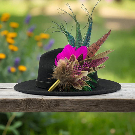 Cerise pink, teal, green & natural Feather Hat Pin (CFP798)