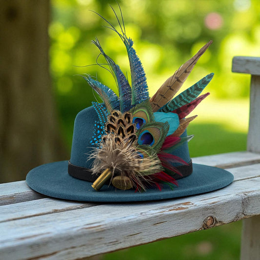 Wine, teal, green & natural Feather Hat Pin (CFP799)