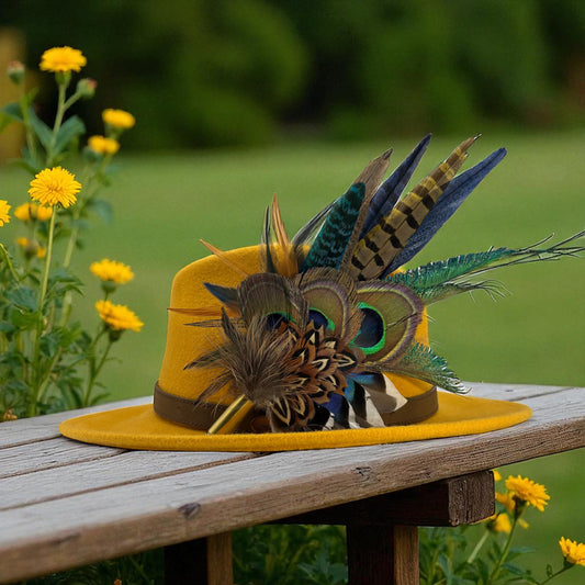 Mustard, navy, teal, green & natural Feather Hat Pin (CFP800)