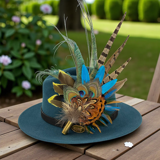 Teal, gold yellow & natural Feather Hat Pin (CFP801)