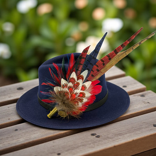 Red, navy, white & natural Feather Hat Pin (CFP803)