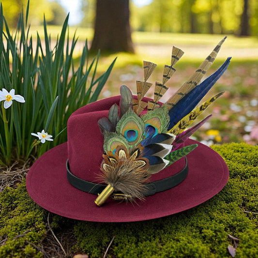 Navy, cerise pink, gold, green & natural Feather Hat Pin (CFP804)