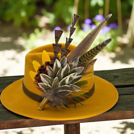 Olive green, gold, yellow & natural Feather Hat Pin (CFP806)