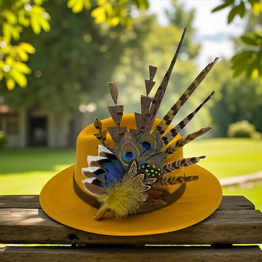 Gold, brown, blue & natural Feather Hat Pin (CFP807)